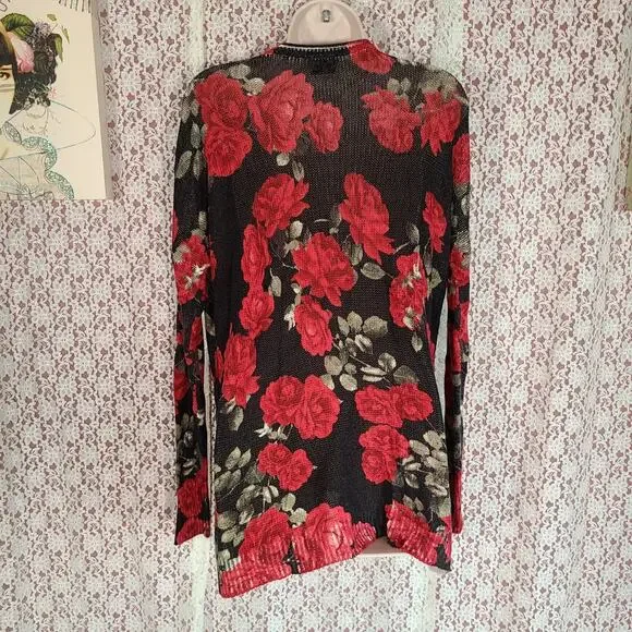 Show me your Mumu black red green oversized floral knit long sleeve top size xs - Picture 3 of 11